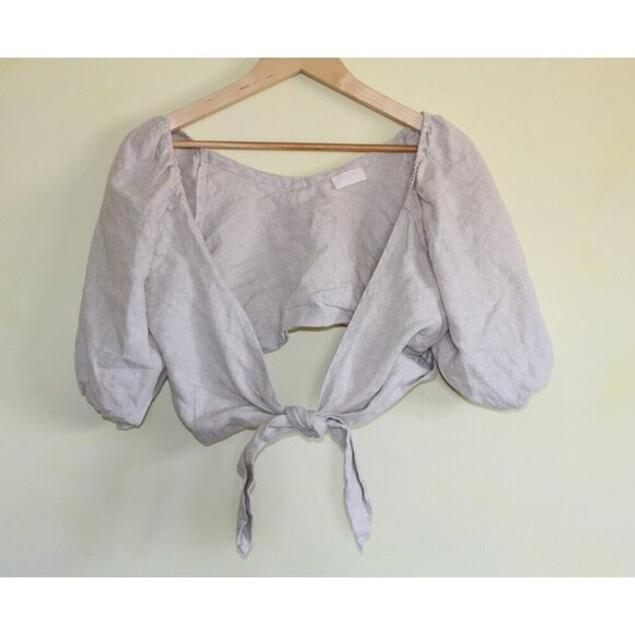 POSEE Mia 100% Linen Tie front women Top Size XS Plunge Puff Sleeve Lagenlook - Picture 7 of 9